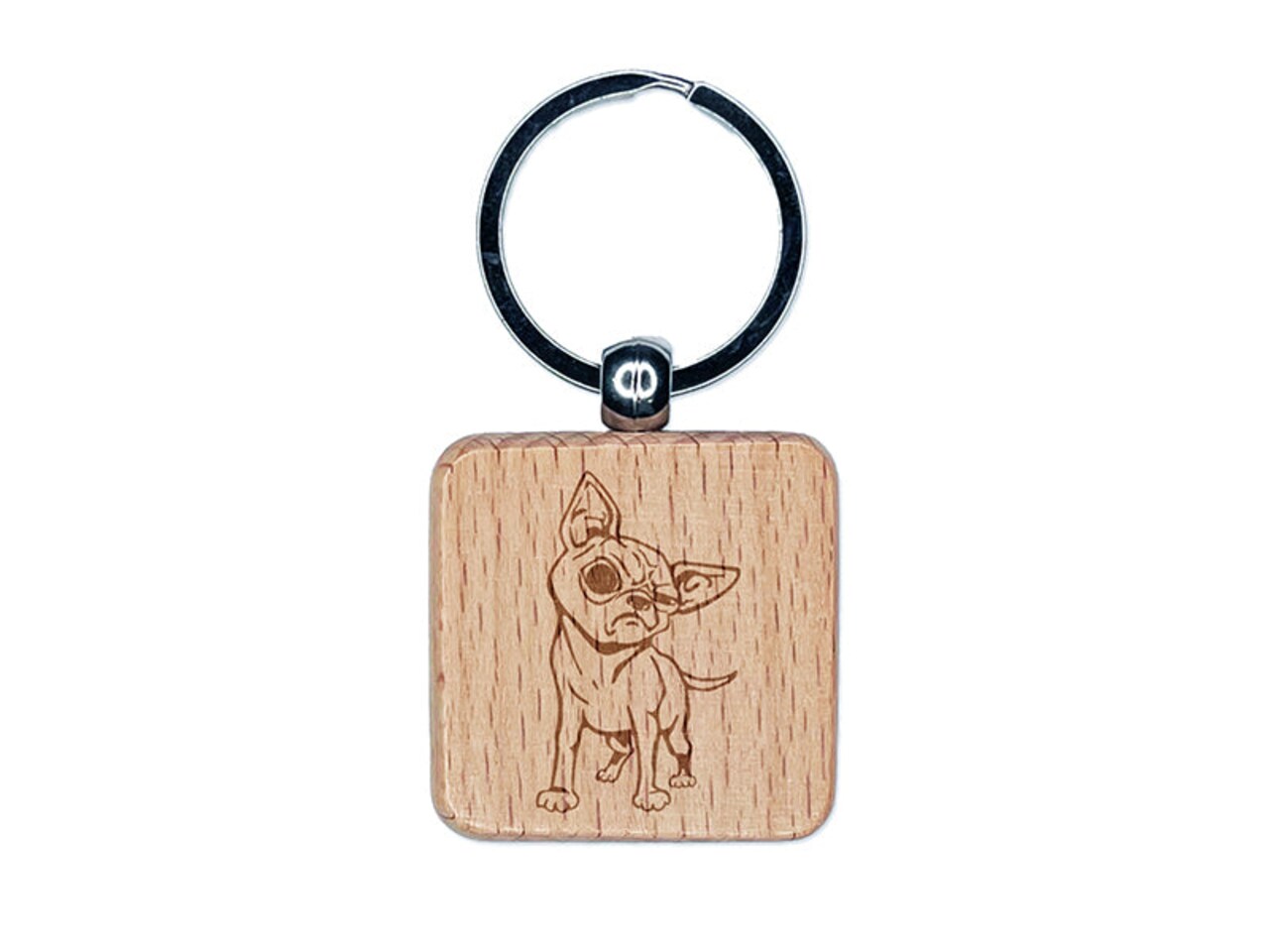 Suspicious Chihuahua Dog Engraved Wood Square Keychain Tag Charm